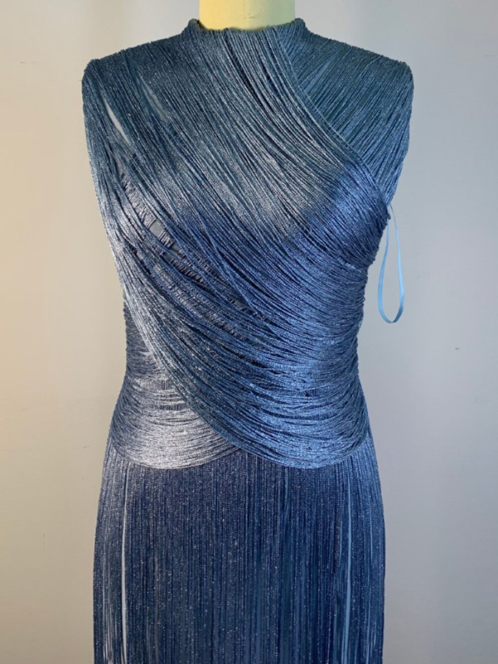 Glam Slate Blue Shimmer Fringe Mock Neck Bandage Bodycon Maxi Gown - Picture 6 of 8